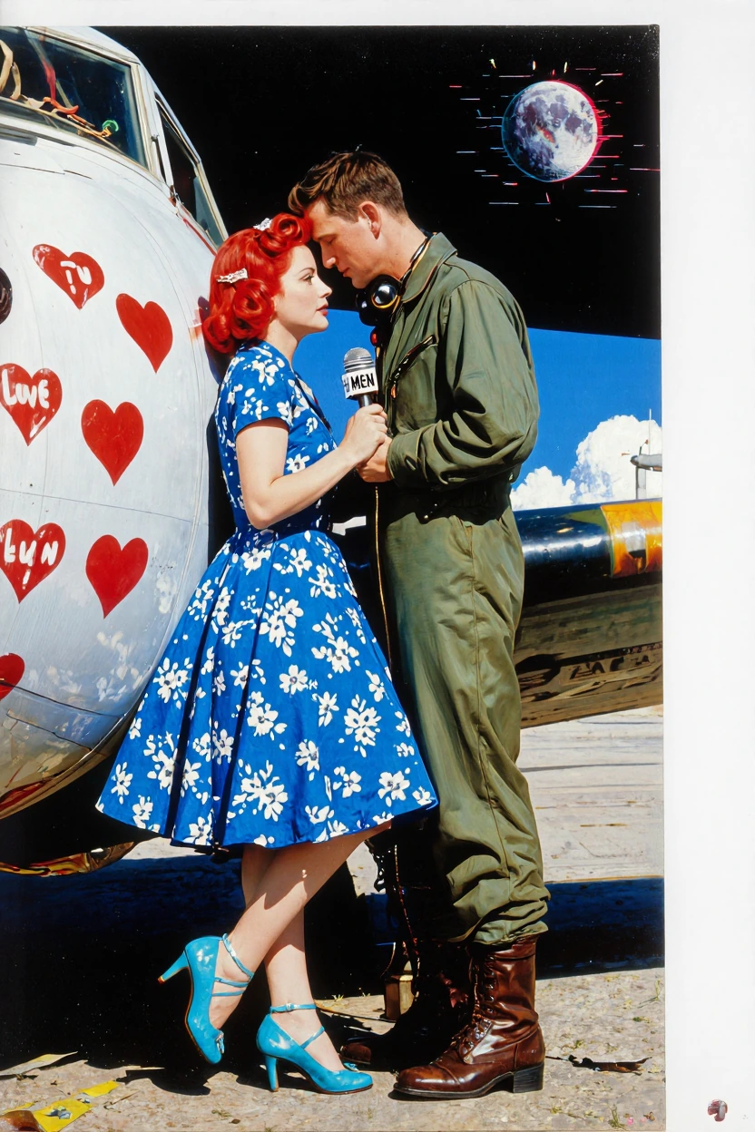 # Vintage Airfield Romance Two figures share an intimate moment on a military aircraft's fuselage, styled in classic 1950s aesthetic. The woman wears a striking blue floral dress with turquoise heels, her red victory rolls perfectly coiffed. The man,