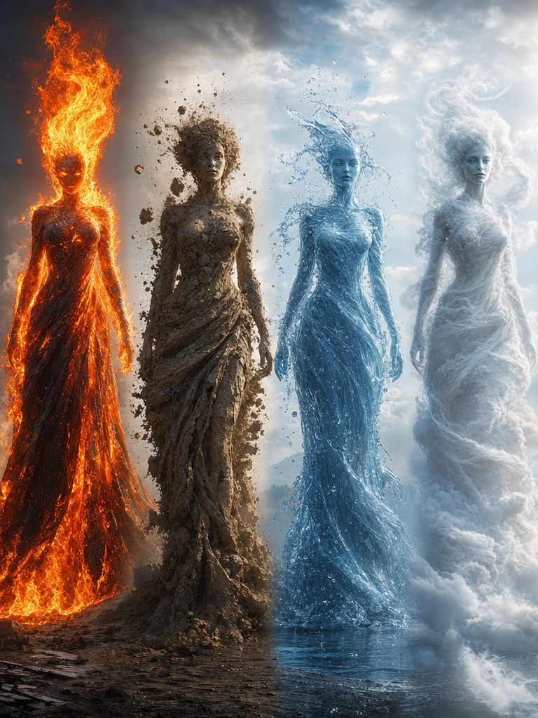 A masterpiece, high resolution, four elongated creatures facing the camera. The first is fire, with flames extending upwards, wearing a long cape made of incandescent lava. The second is earth, with particles breaking off and dust swirling around it,