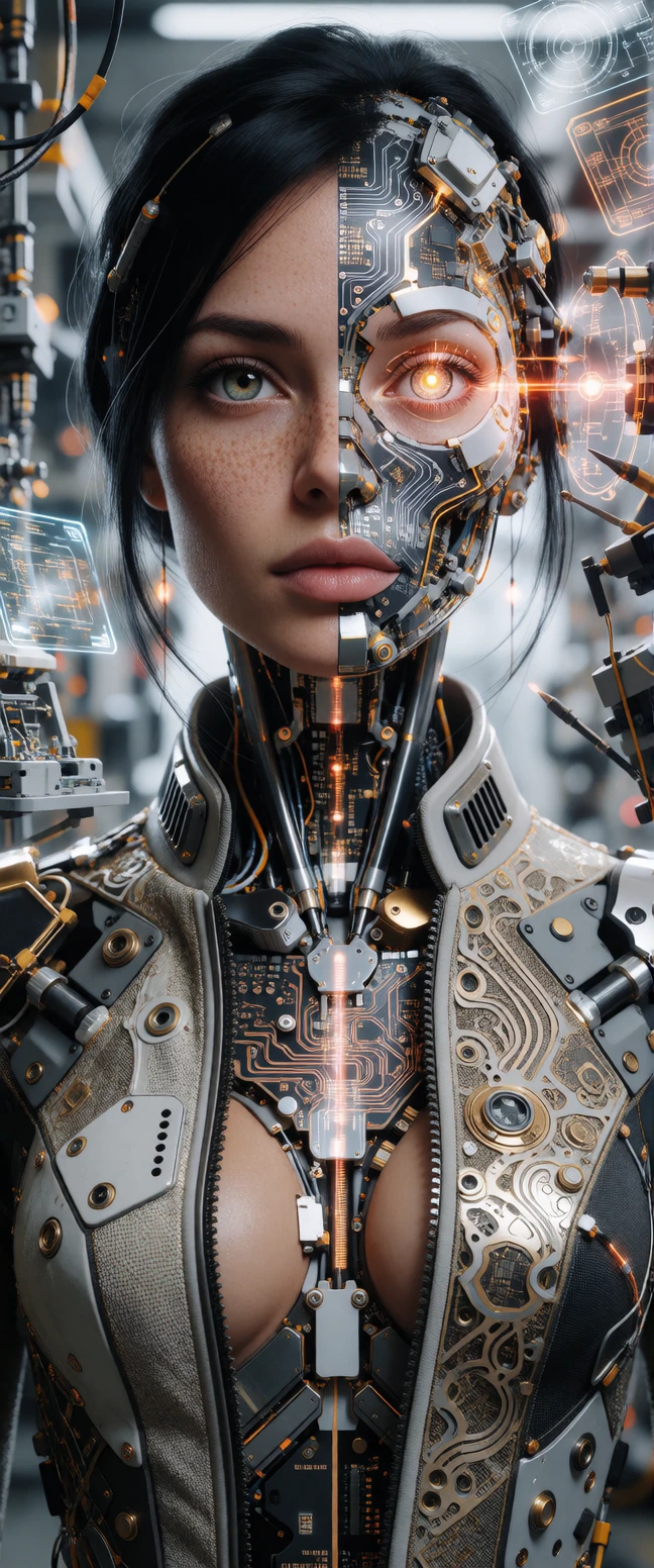 An ultra-long, narrow vertical portrait photograph (9:21 aspect ratio), captured with hyper-photorealism, focusing on a highly intricate female cyborg. The right side (her left) of her face features flawless, pore-level textured skin with natural fre