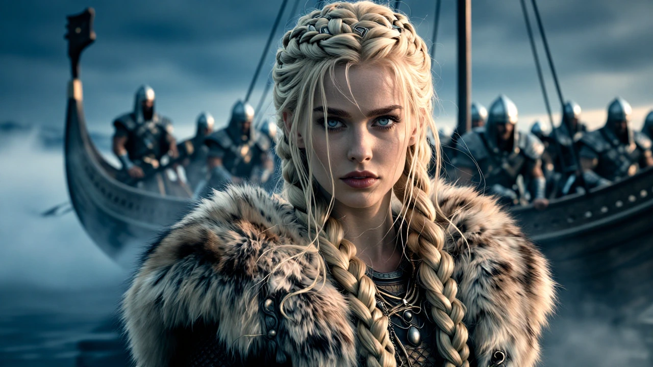 Photorealistic close up of a blonde Nordic beauty with a ultra-long loose hair falling down her back, some of her hair styled in a single large braid surrounded by the rest of her hair. Ice blue eyes sparkle with intelligence and mischief. Her should