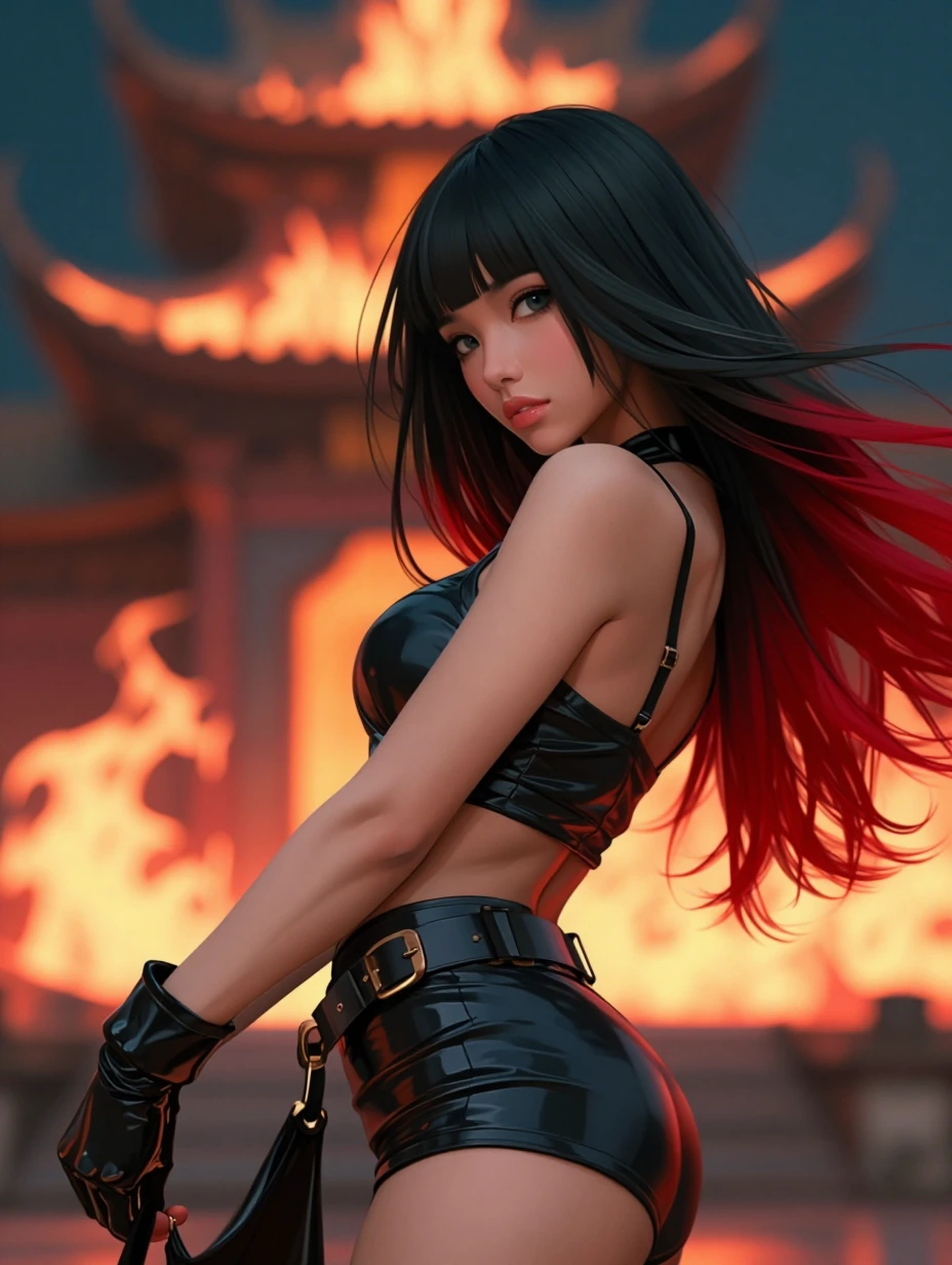 Closeup, Beautiful, cyberpunk, fire temple, dancer, cat nearby , black red ombre hair