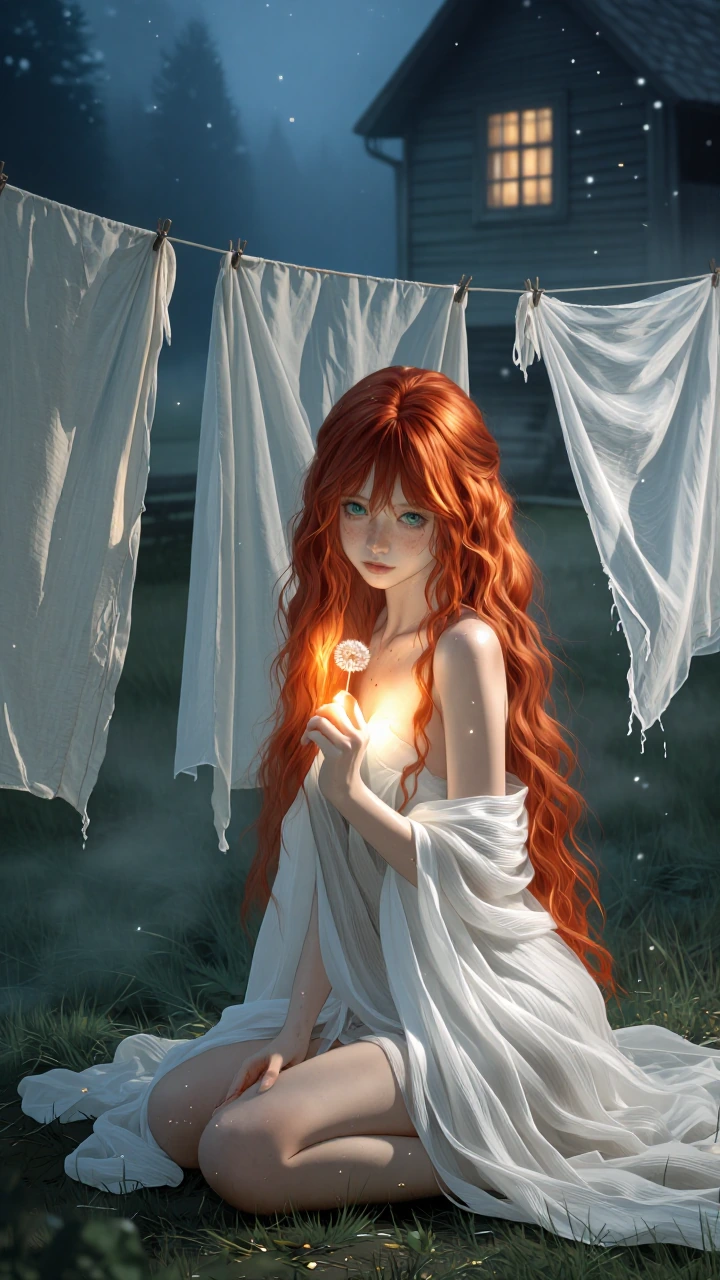 A young adult redhead woman with long copper-red hair cascading in soft waves with golden highlights, luminous emerald eyes, delicate freckles across porcelain skin and a gentle expression, kneeling on damp grass under a clothesline at night while cr