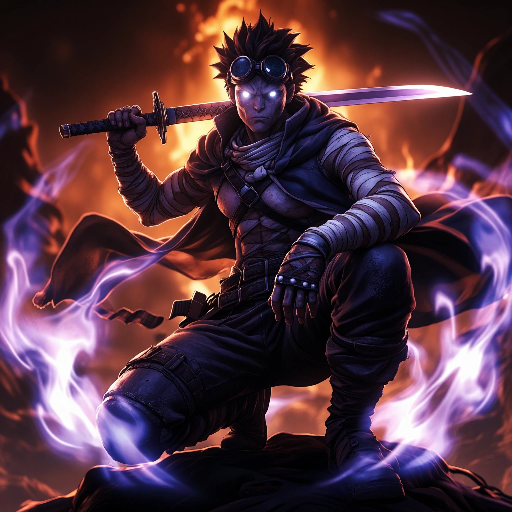 A vertical digital painting of a monstrous, crouching humanoid figure with dark, spiky hair and glowing white eyes, wearing goggles on its head. The creature has a rough, textured skin resembling rough stone or hardened flesh, adorned with bandages a