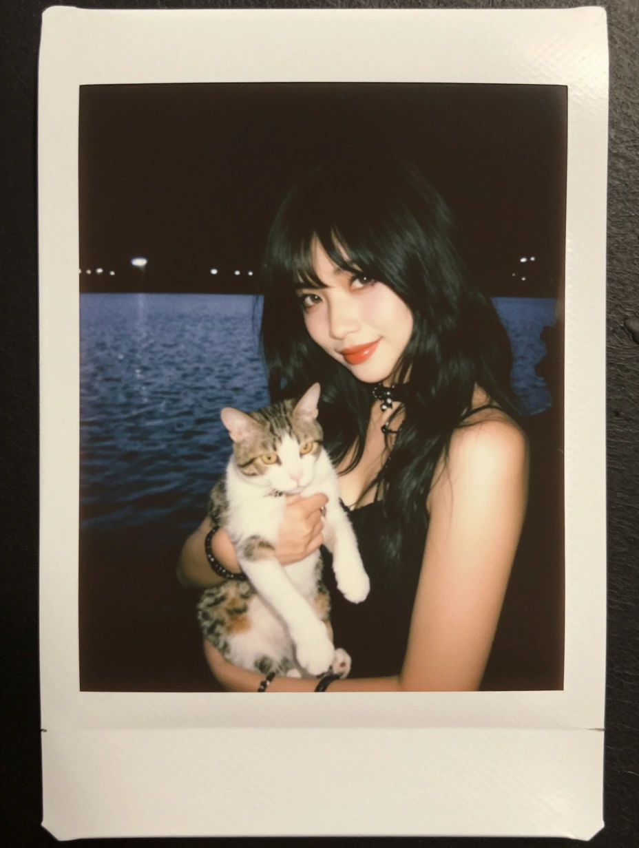 Closeup Beautiful Goth woman with her cat by a lake at night