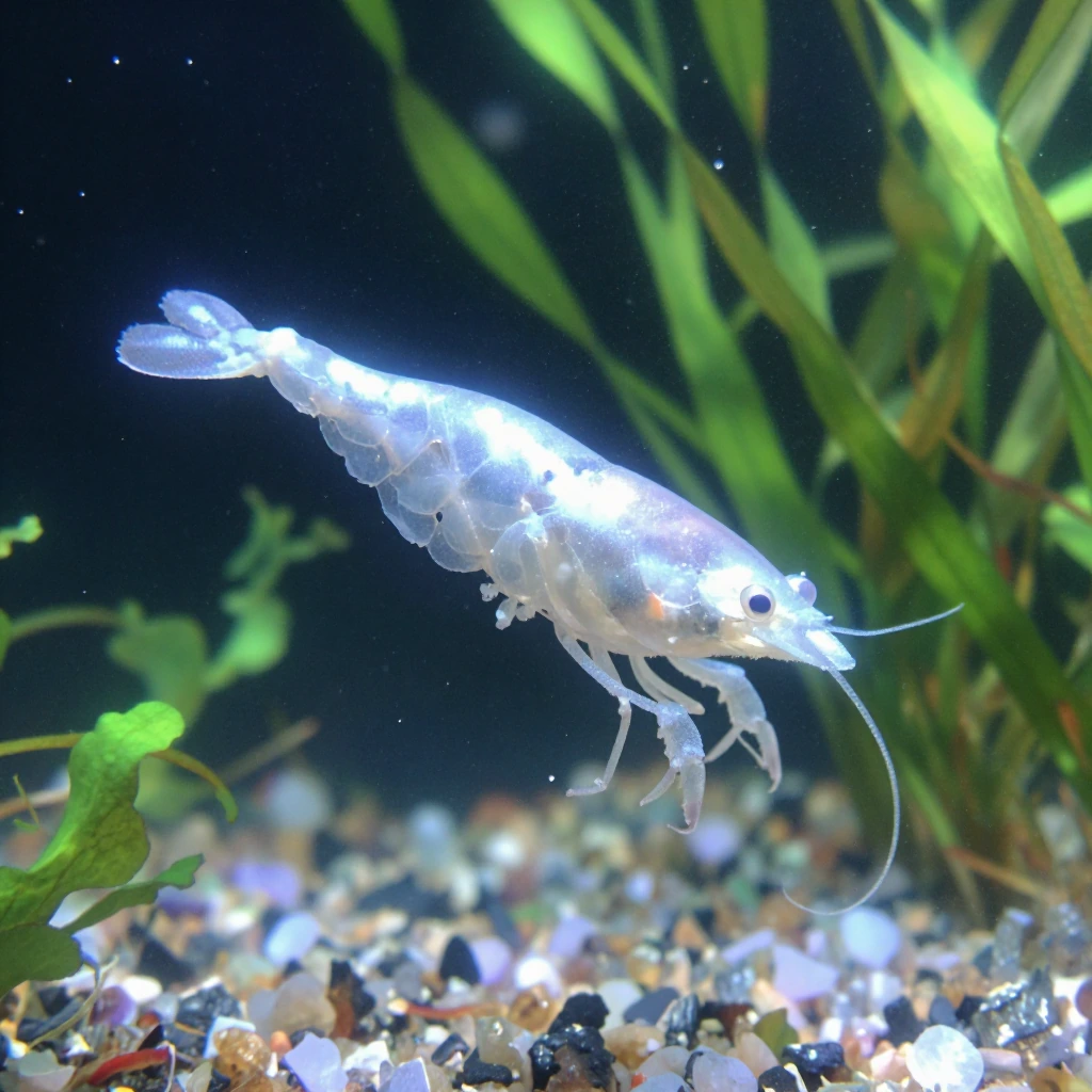 a translucent nano shrimp, maybe an inch long, suspended in crystalline freshwater with soft backlig…