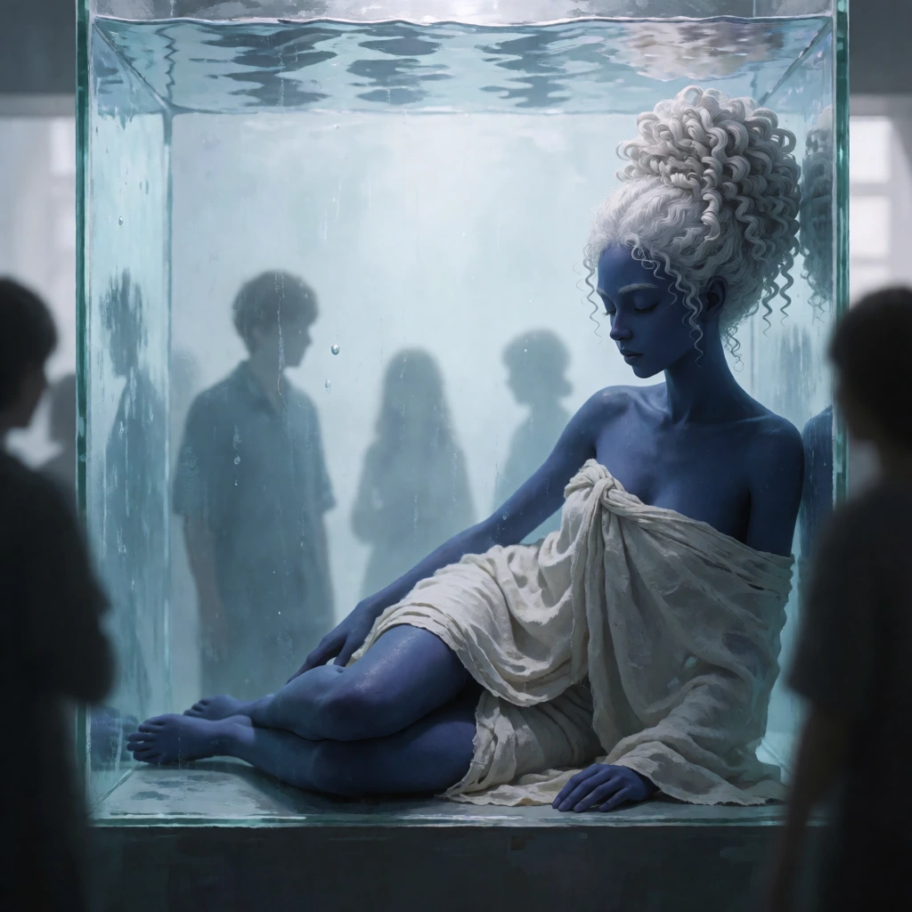 Full-color photorealistic rendering, high rendering fidelity, cool-toned palette, minimal composition, eye-level view, medium-wide framing, centered composition. A giant, extremely thin woman with deep indigo skin and tightly coiled silver hair piled