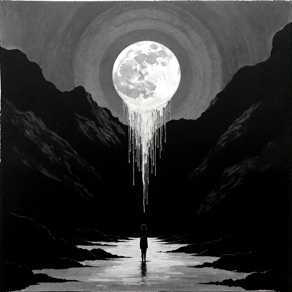 Create a **monochrome masterpiece** that combines cold, geometric precision with the wild fluidity of organic landscapes. Your work should evoke a **longing for solitude** — that feeling of a memory that is fading, yet refuses to disappear