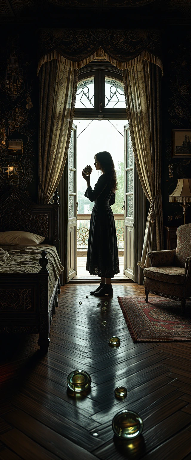 An ultra-long, narrow vertical cinematic portrait composition (9:21 aspect ratio), capturing an intimate, dark vintage bedroom with microscopic detail that becomes visible upon zooming. A single woman stands centered in a bright, textured, back-lit d