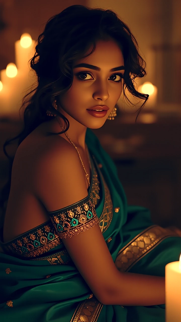 Portrait of a young South Asian woman seated in a low, intimate setting, wearing a flowing tealblue sari richly embroidered with gold thread and tiny gold sequins, the fabric draping across her shoulder and lap with delicate, ornate trim. Warm candle
