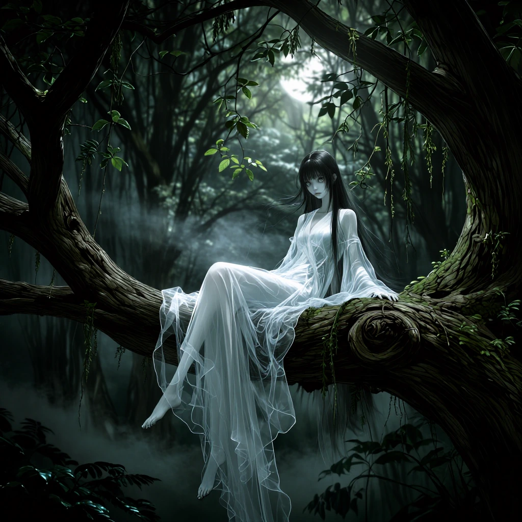 masterpiece, best quality, ultra detailed, epic realism, cinematic lighting, eerie atmosphere, beautiful long straight black hair with bangs IGO amate