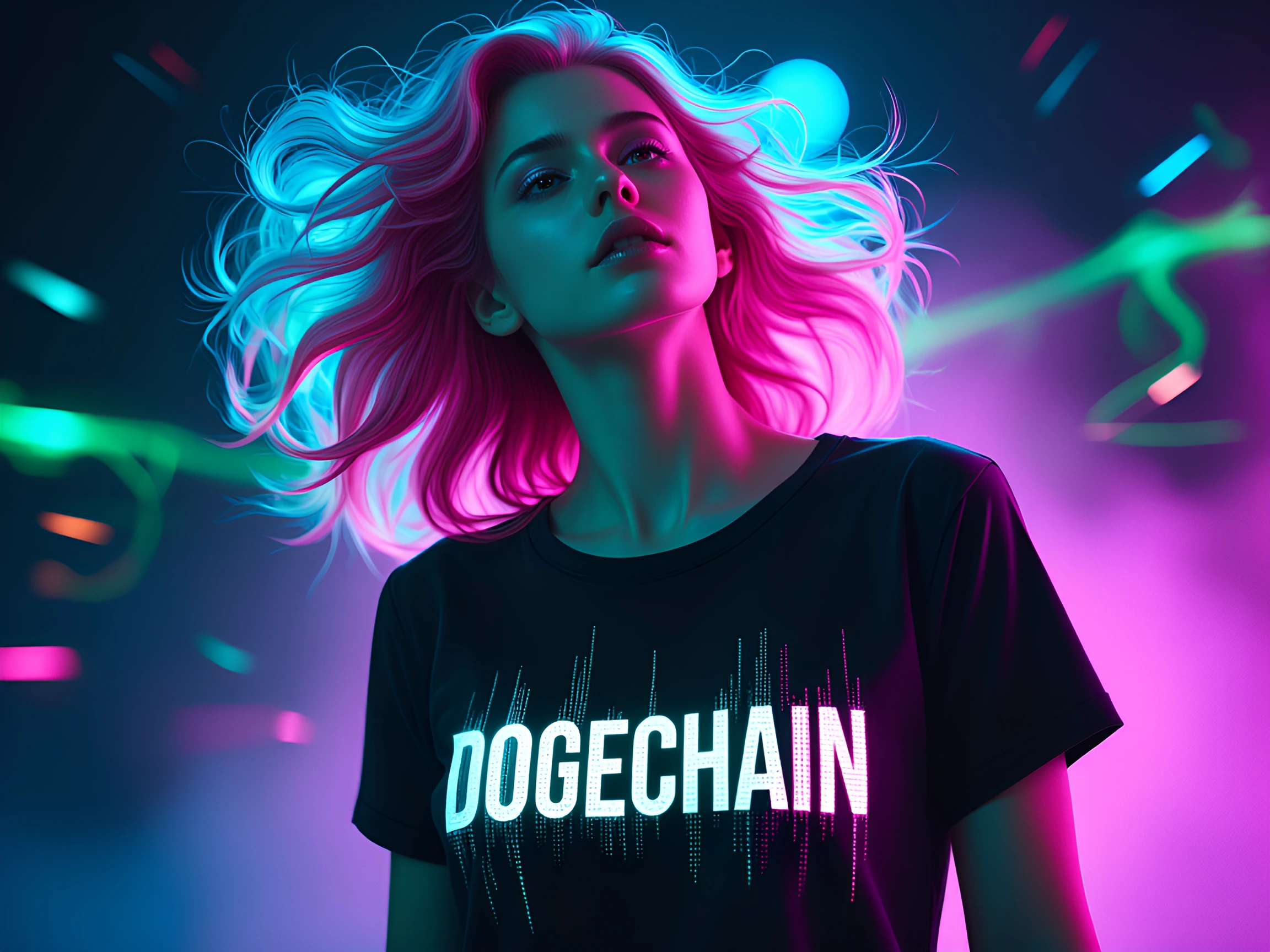 The girl of my dreams, sexy, beautiful, soft caracter, lovingfull, wearing a t-shirt with « DOGECHAIN » written on it