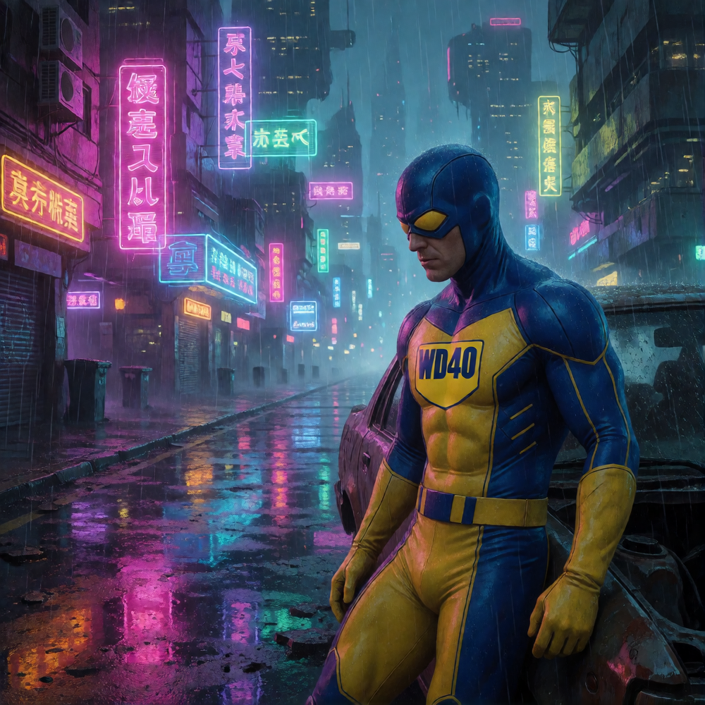 Create a superhero dressed in blue and yellow with the name "WD-40" on his chest; he has a perfect physique and highly defined muscles, wearing a form-fitting suit made of firearm-resistant material; he is posed at the roadside next to a broken-down