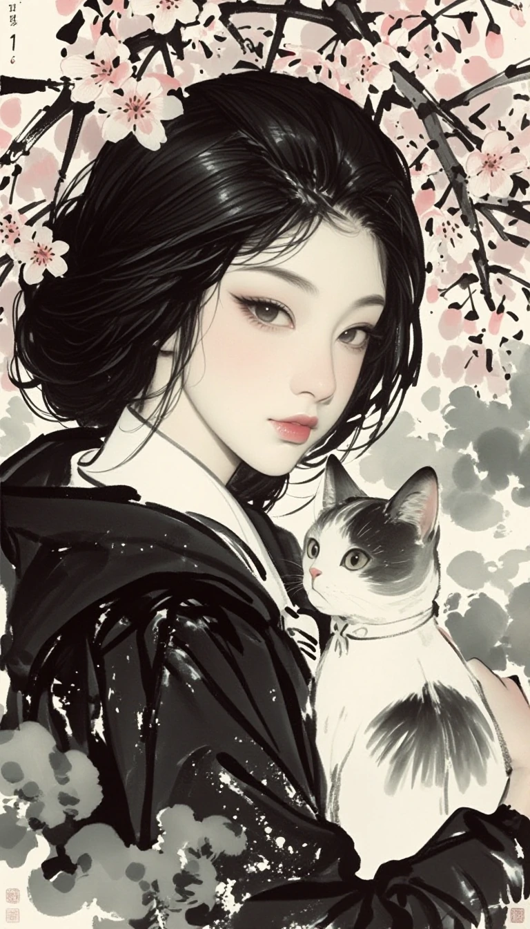 Beautiful cherry blossom woman Oracle, with a cat, Japanese ink art, cloudy