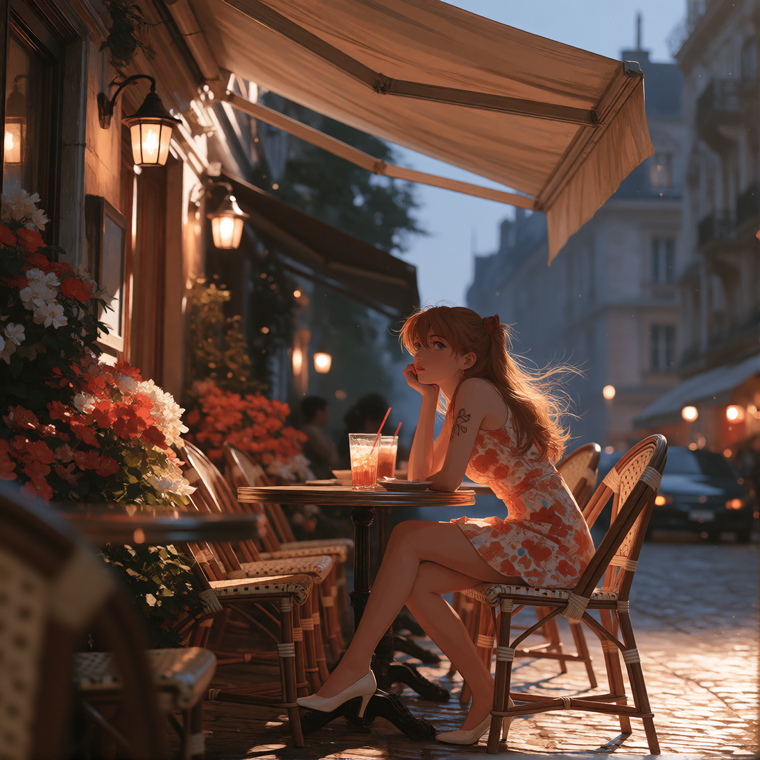Asuka Langley Soryu \(Evangelion\), sleeveless short floral dress, high heels, long legs, sitting at a quiet outdoor cafe table beneath a canvas canop