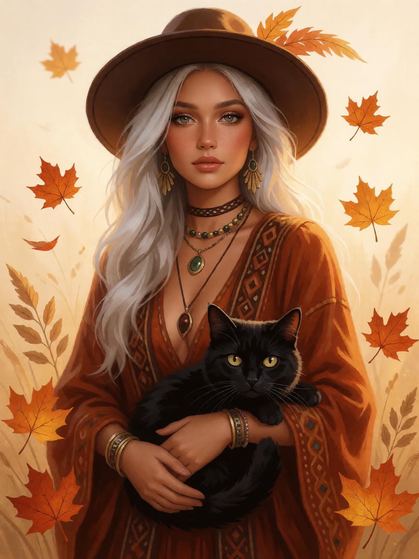 Boho Autumn π Woman, light tan, platinum hair, and beautiful fall BoHo fashion. With a cat.