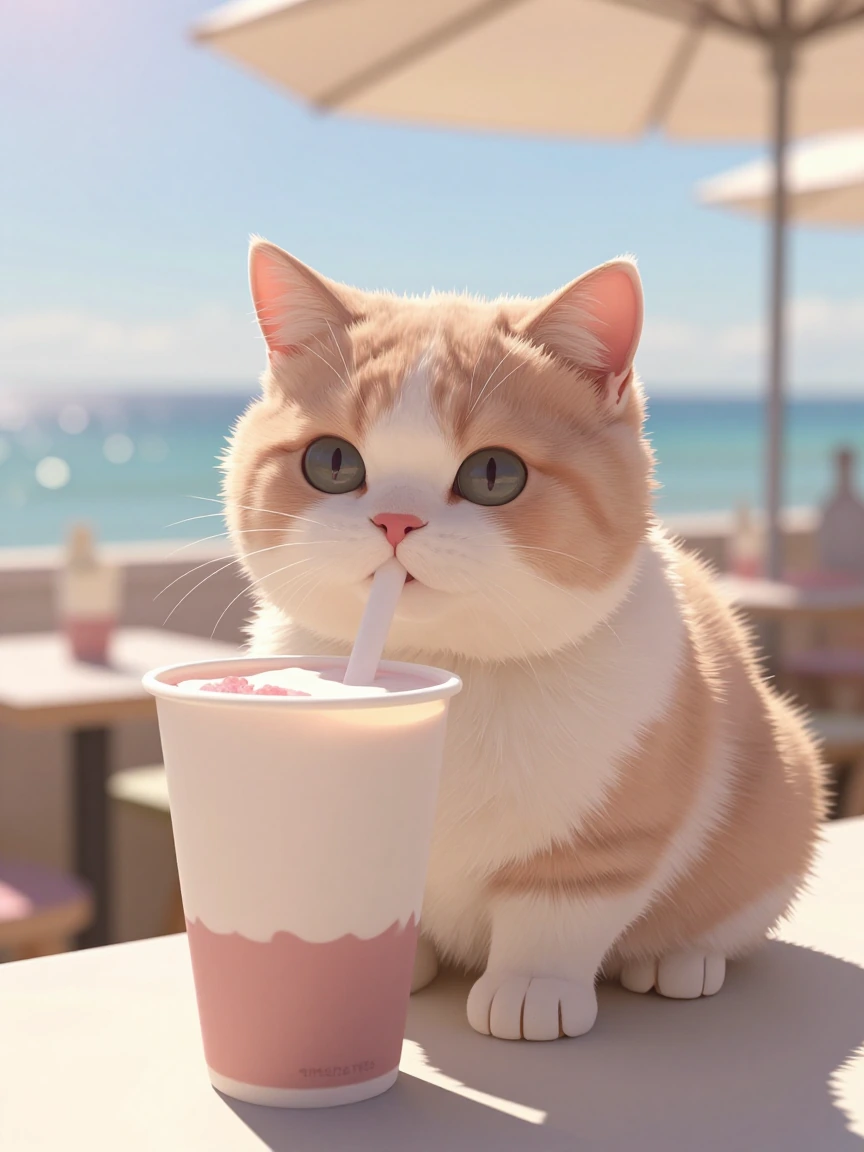 The cutest chubby kitten in front of Boba drinks. Beautiful pastel colors. Sunny day. Seaside café.