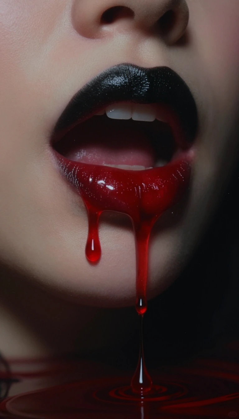 Extreme close-up macro photography of slightly parted female lips. The upper lip is coated in matte black lipstick with subtle silver glitter, while the lower lip is drenched in high-gloss, dripping ruby red liquid. Thick droplets of blood-red syrup
