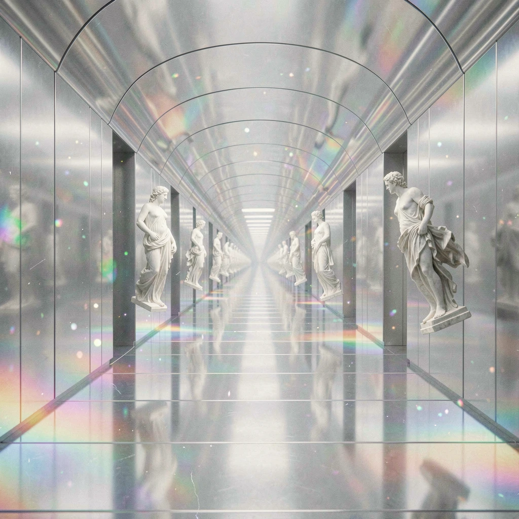 A vast chrome corridor stretching into infinity, polished reflective surfaces creating endless recursive reflections, classical marble statues suspend