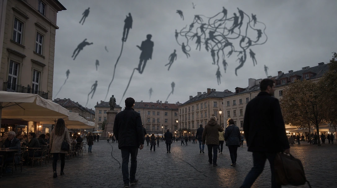 European town square at dusk under overcast sky—ordinary people walking, sitting at cafes, going about daily life as their shadows detach and float upward like dark helium balloons, drifting independent of their bodies, clustering and tangling togeth