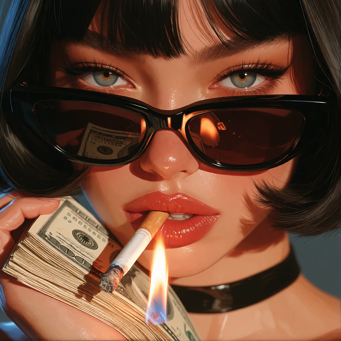 stunning, high-definition close-up portrait of an edgy young woman with short black hair and straight bangs, wearing stylish dark-tinted sunglasses. S