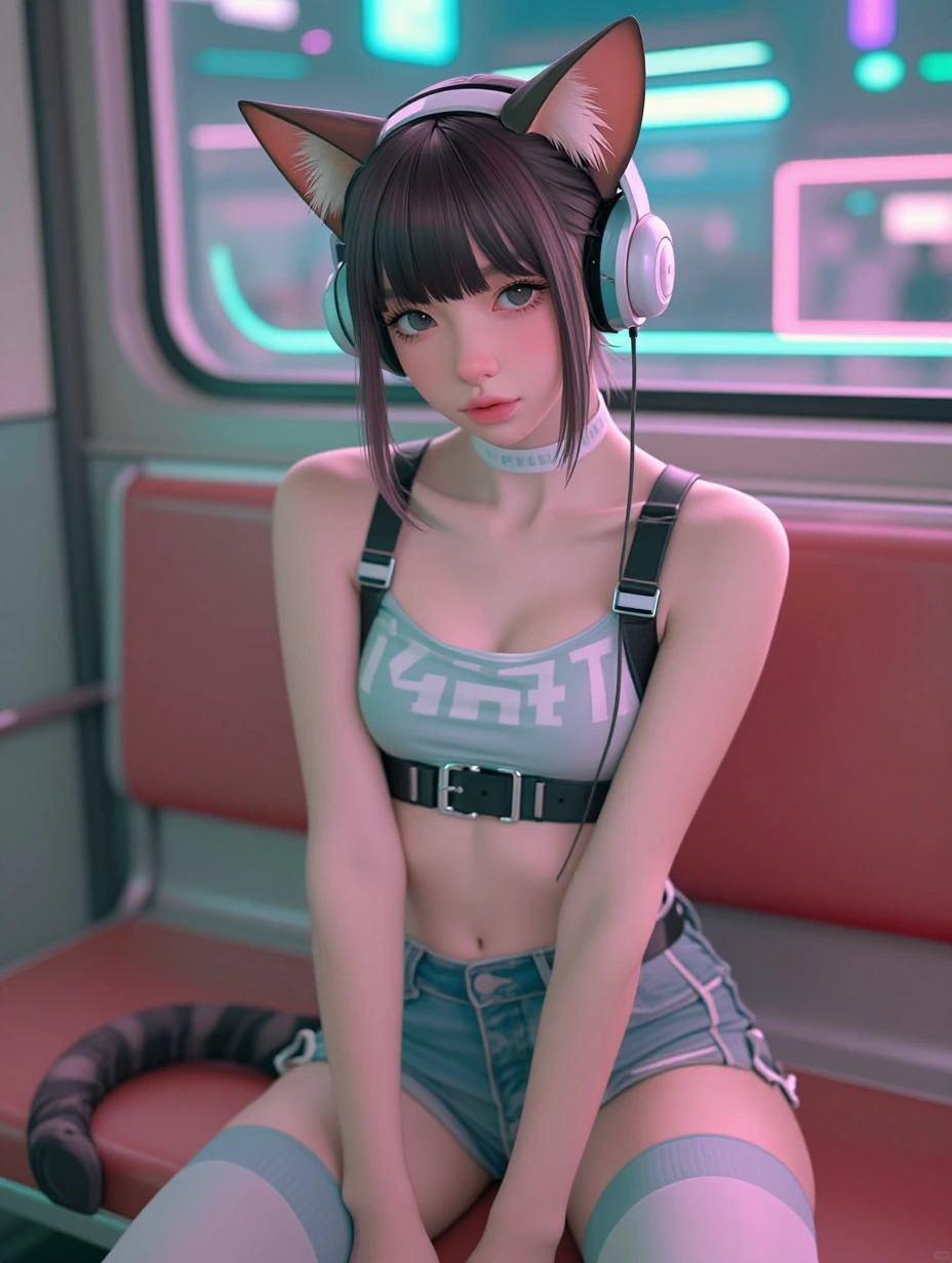 beautiful teen cyberpunk, cyberpunk cat, realistic,