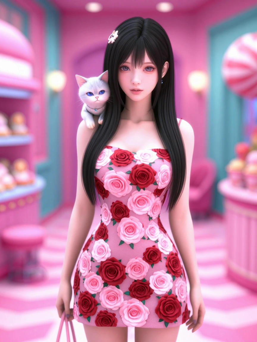 Cute K-pop girl minidress covered with roses, cat on shoulder , airbrushed anime, candy store background