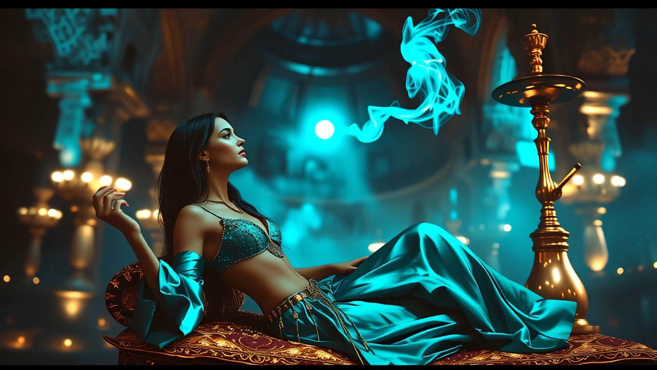 Woman in emerald silk belly dance costume with mirror-work crop top and silver-belted palazzo pants, reclining on jeweled cushions beneath a domed palace arcade. Moonlight catches the mirrors and creates fractured reflections across her skin and fabr