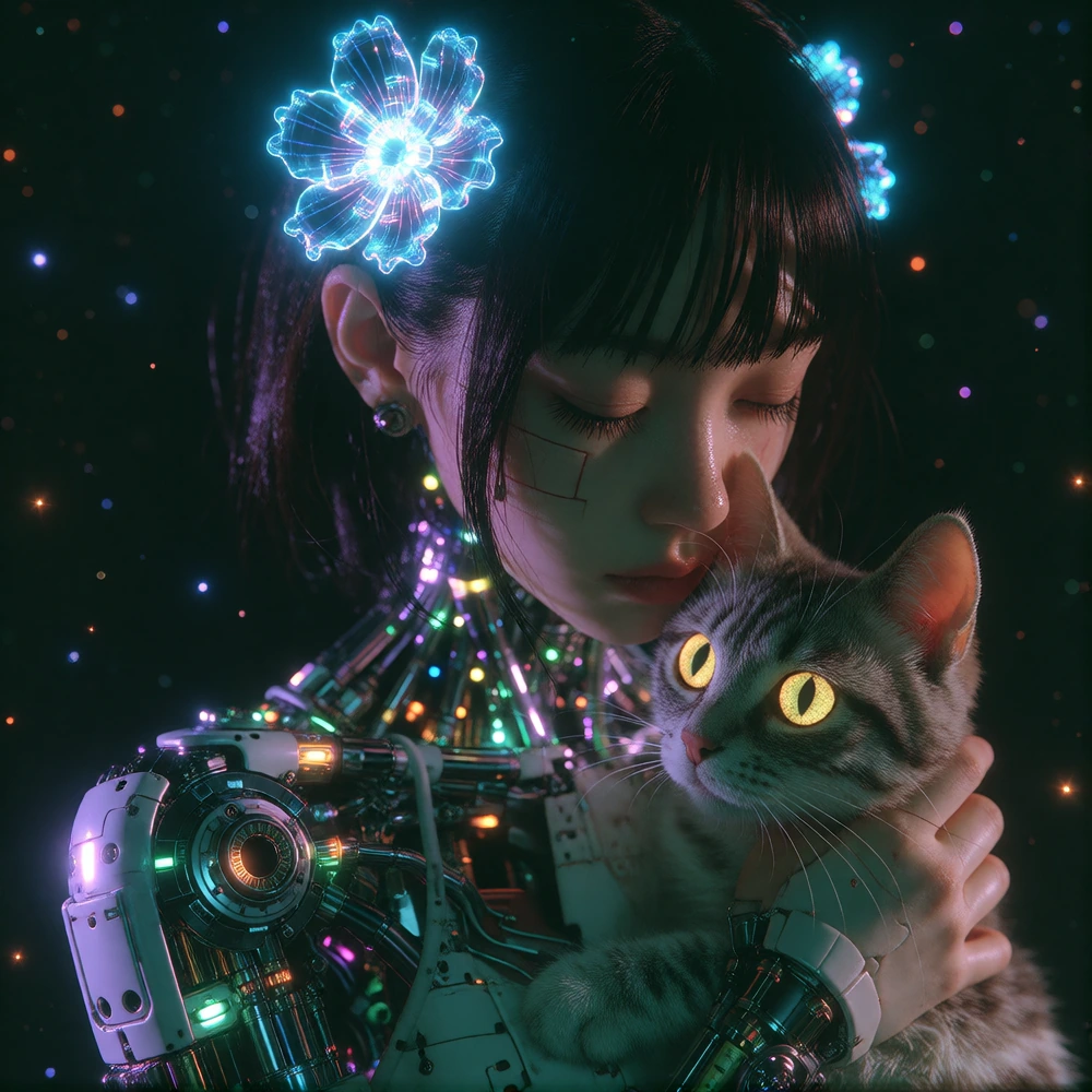 masterpiece, best quality, ultra-detailed, 1woman, adult female, solo, beautiful detailed face, serene expression, closed eyes, holding a cybernetic cat, glowing yellow cat eyes, neon purple and deep blue lighting, dark background, glowing blue holog