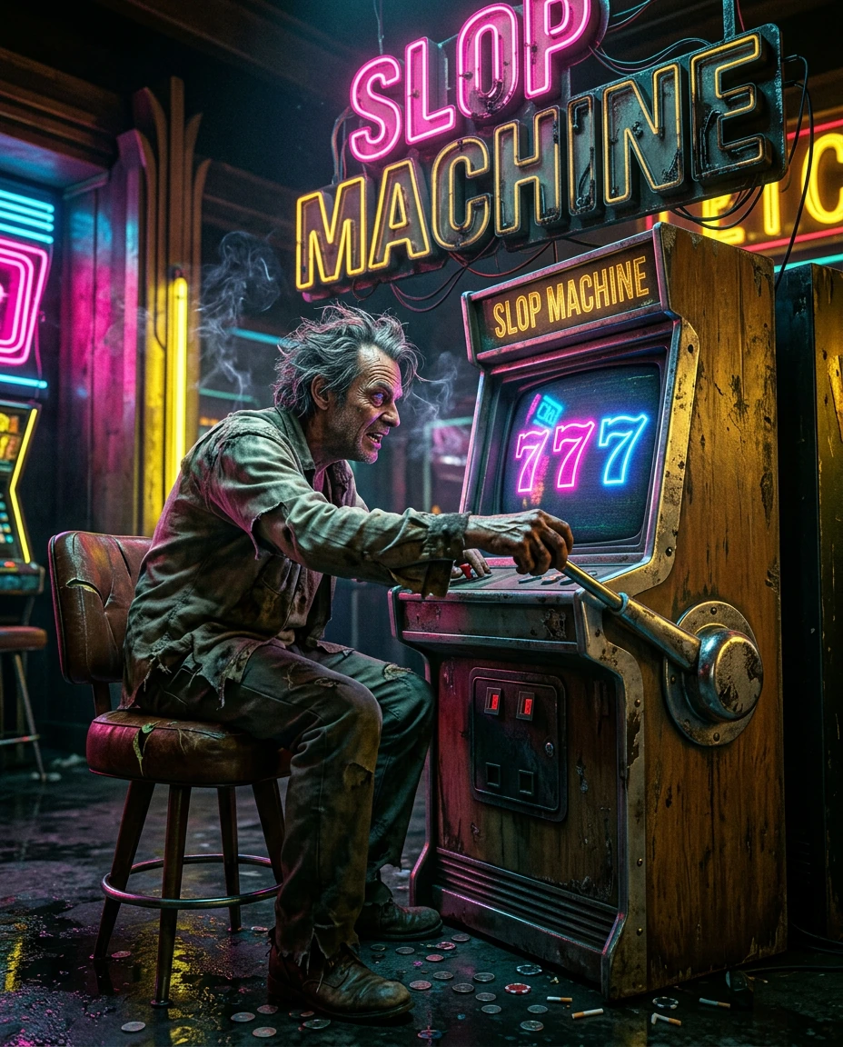 Neon-soaked casino interior, psychedelic slop machine arcade game, oversized weathered chrome lever with scratches and fingerprints, unhinged dishevel