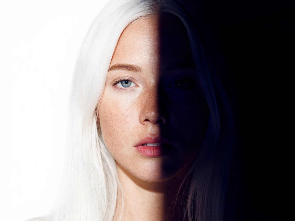 Portrait of a woman with freckled tan skin and long loose platinum blonde hair. Her face is split diagonally from top-left to bottom-right. The top-le