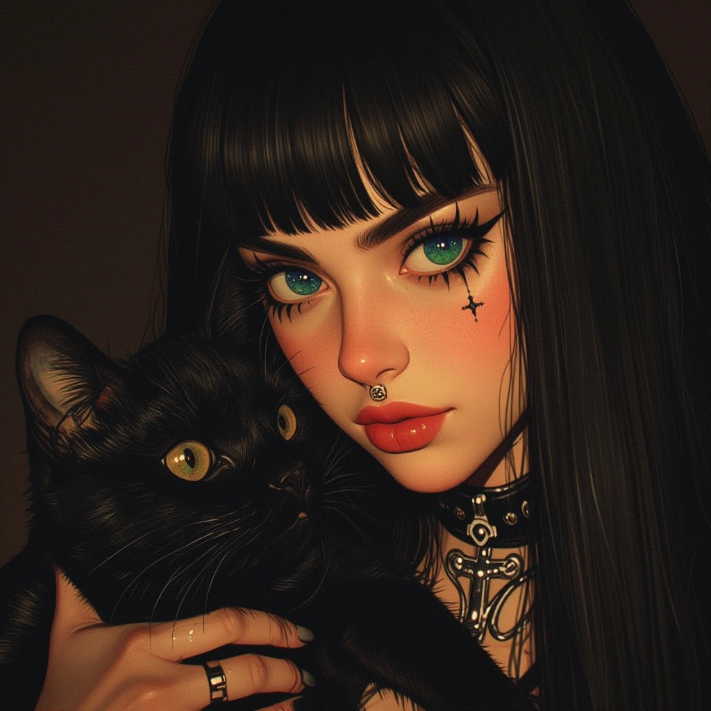 retro pop dark fantasy girl with her cat black glitter punk galaxy eyes