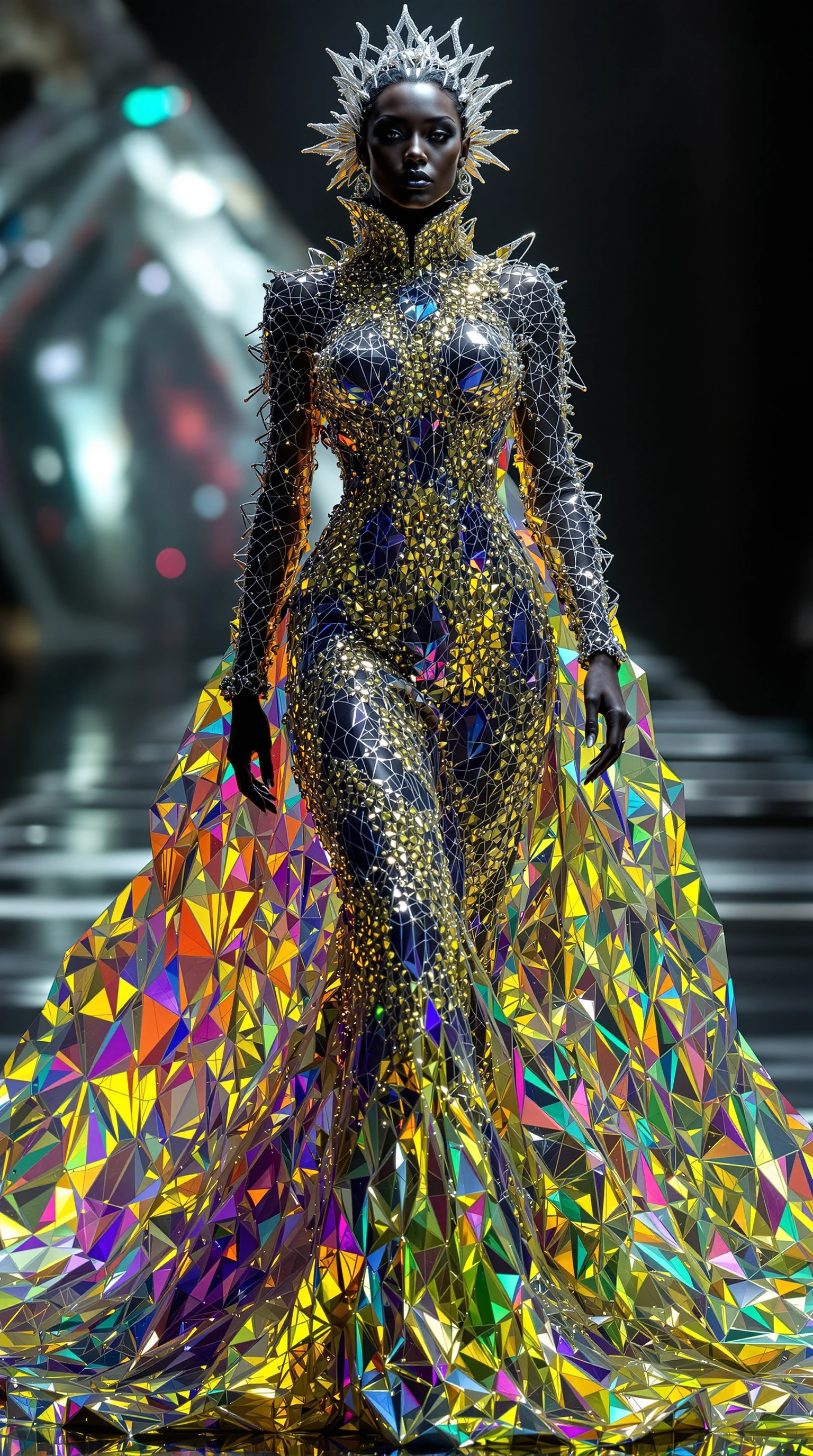 A macro-photographic, hyper-maximalist visualization of high-fashion royalty, functioning as a visual manifestation of thin-film interference and chaotic geometric optics. The core subject is an imposing, avant-garde queen draped in a monolithic, zer