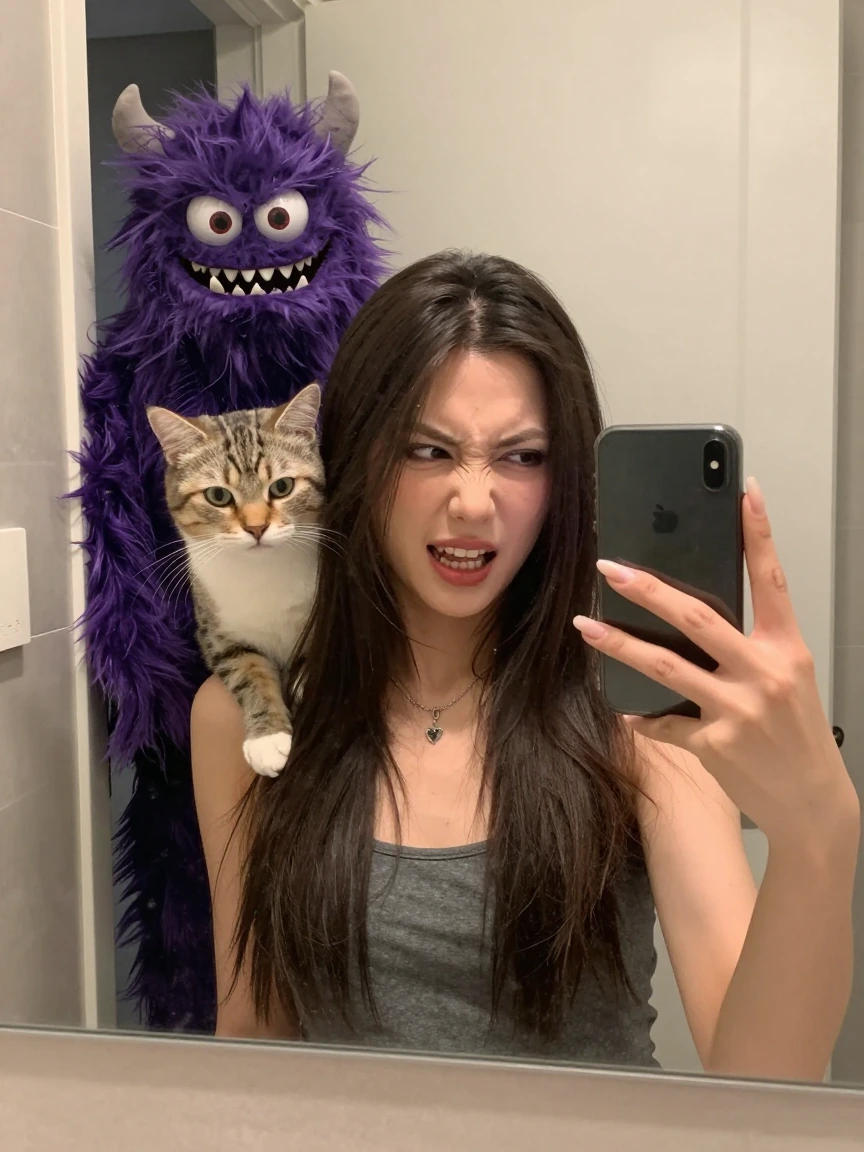 A realistic but slightly absurd scene of a crazy girlfriend with her cat taking a selfie in a bathroom mirror, her expression playful and chaotic, her cat perched on her shoulder, and a goofy monster photobombing from behind with just enough menace t