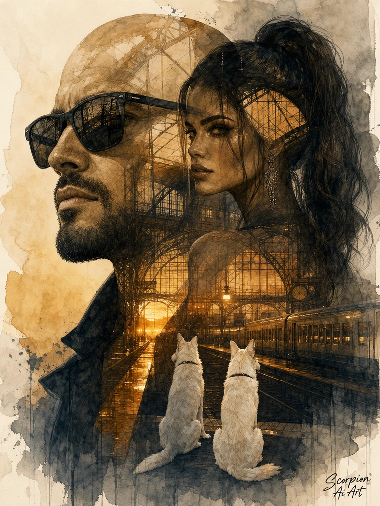 Double exposure: a bald man with trimmed beard and dark sunglasses merges with a bombshell brunette in a high ponytail, their silhouettes overlapping within an art deco train station at twilight—steel beams and arched glass ceiling glowing amber. Two