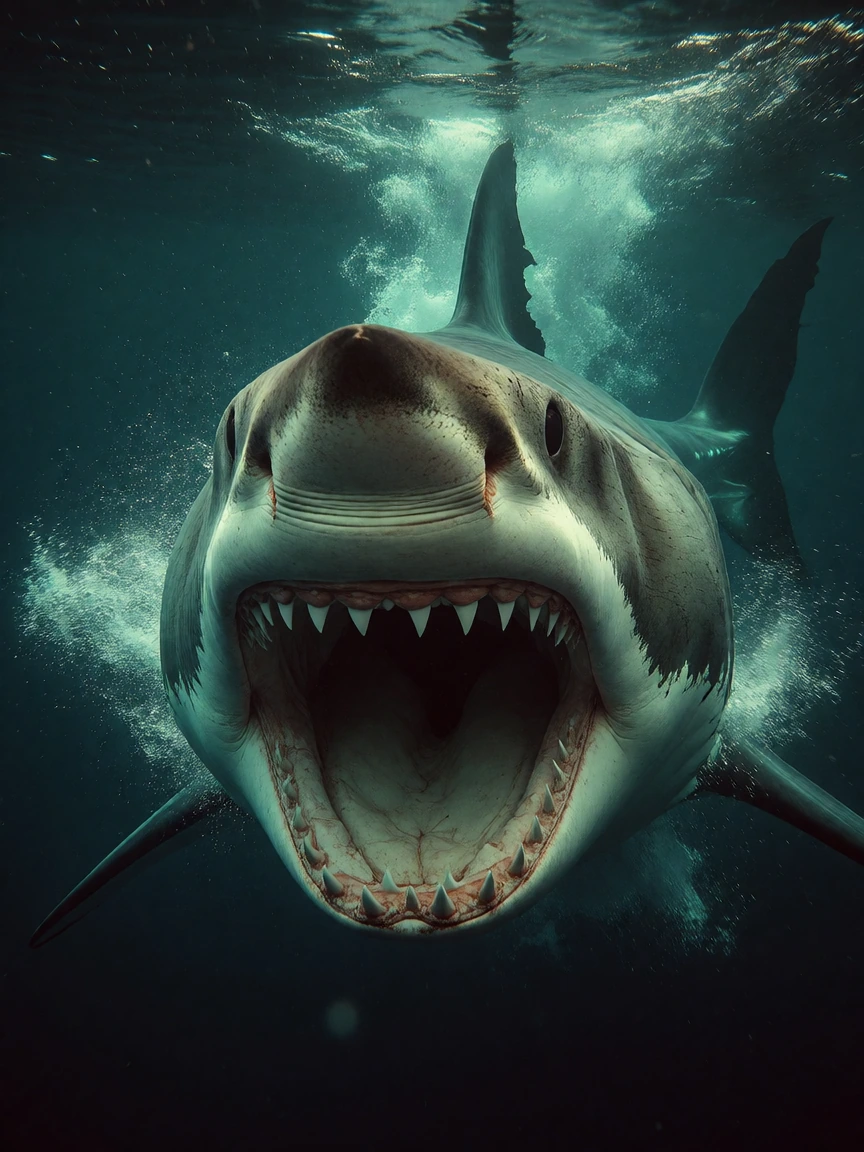 Render a cinematic great white shark lunging directly toward the camera, massive jaws stretched wide open, rows of serrated teeth glistening with salt water and ambient ocean light. The shark fills the frame aggressively, its cold black eye locked on
