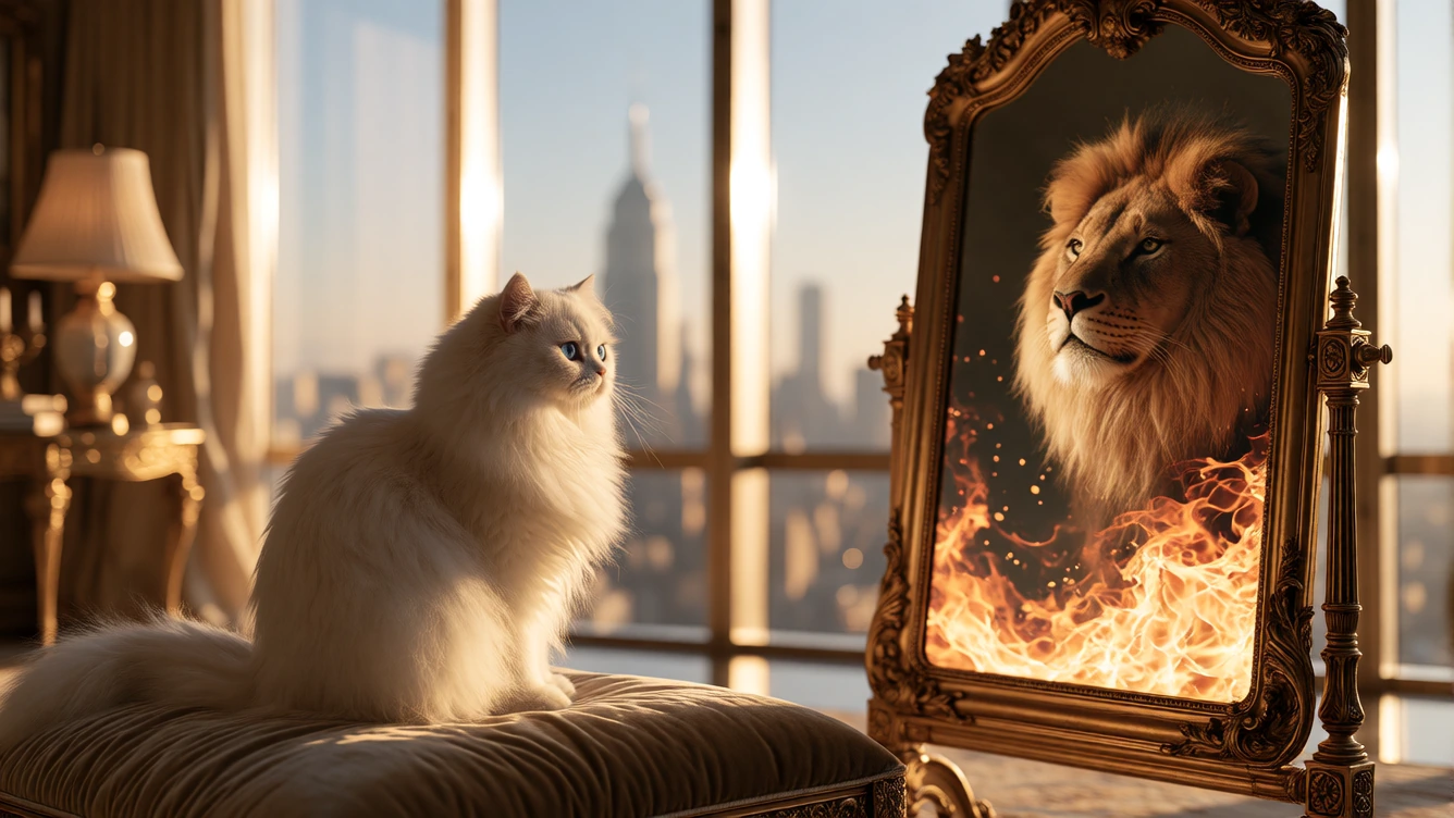 A fluffy white Persian cat with striking blue eyes sits elegantly on a velvet cushion in a sunlit modern penthouse, gazing intently at an ornate gold-framed mirror that reflects a roaring lion with a fiery mane, their contrasting figures bathed in wa