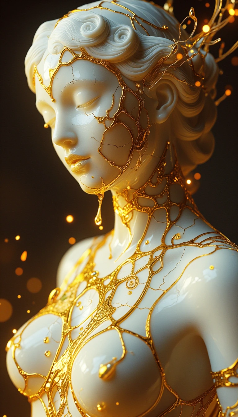 An ultra-high-resolution, macro-detail portrait of a feminine figure who appears to be an exquisitely crafted, life-sized sculpture made of pristine, translucent white porcelain. The porcelain has the texture of fine, matte bone china, with a delicat