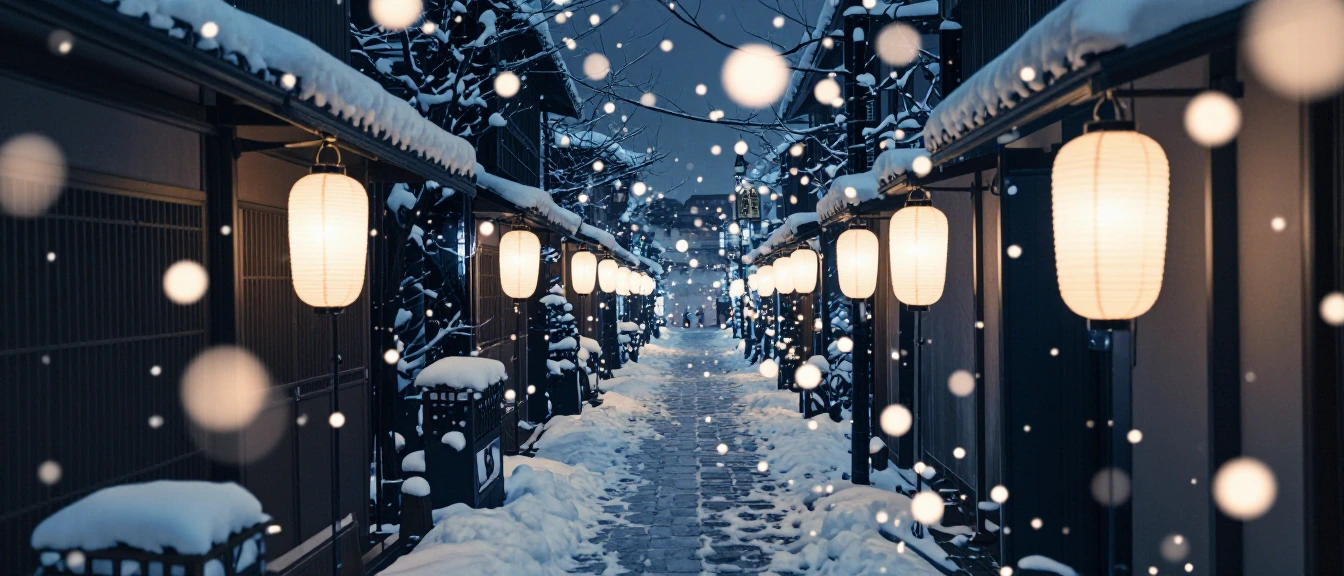snow-dusted Tokyo alley at night, soft bokeh lanterns