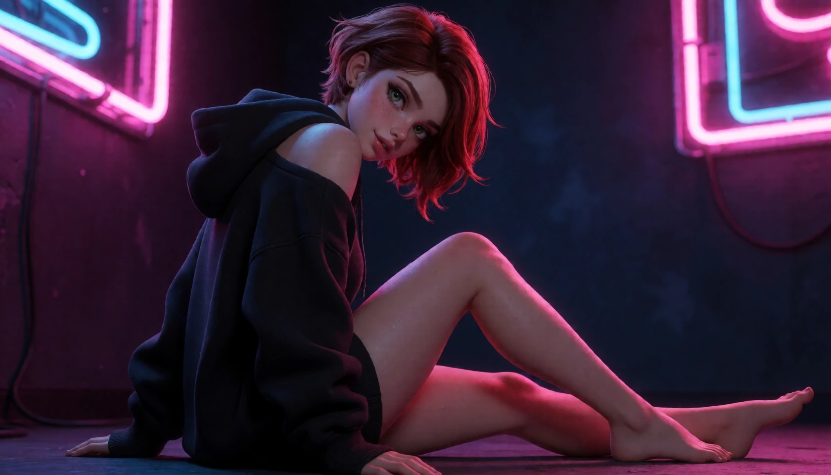 Masterpiece, best quality, ultra-detailed digital illustration of Vanessa sitting on the floor in a dark room lit by pink and blue neon lights. She’s wearing an oversized black hoodie that’s slipping off one shoulder, booty shorts. Short reddish-brow