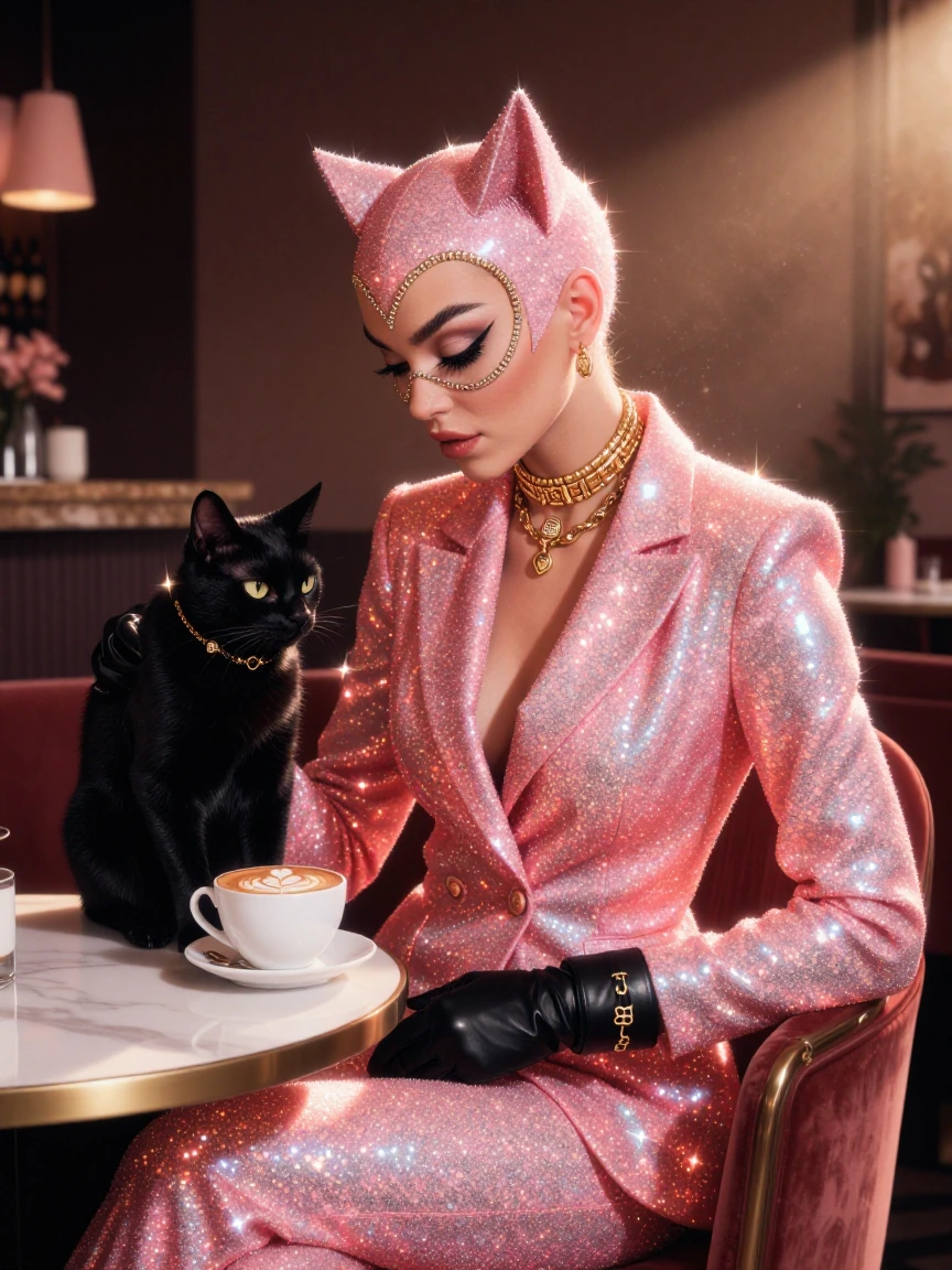 A stunning Catwoman in a luxurious cafe, dressed entirely in melon pink and coral tones with dramatic sparkles and shimmer throughout her suit, accent