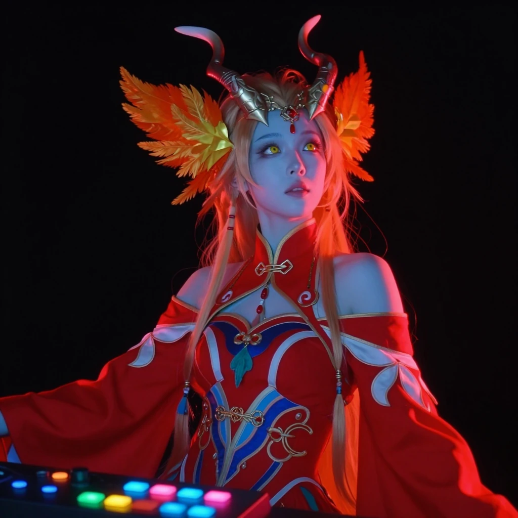 A striking digital artwork features a fantastical character with pale blue skin and luminous yellow eyes, gazing upward against a deep black sky. Ornate horns crown their head, adorned with vibrant orange and golden plumage. They wear an elaborate cr
