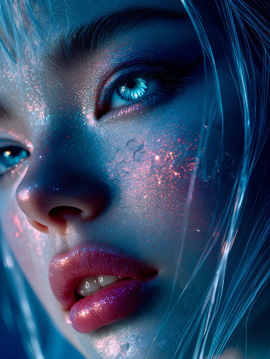 extreme close-up ethereal portrait, mesmerizing ice-blue eye with crystalline refraction and prismatic light-shatter, deep sapphire dominating the col