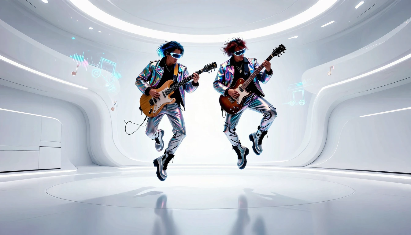 Two aspiring rock stars suspended mid-air in zero gravity, electric guitars in hand, dressed in holographic iridescent jackets with LED-lined seams, metallic silver pants with geometric cutouts, chrome platform boots with glowing soles, neon-tinted v