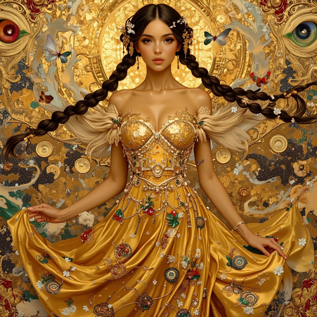 A breathtaking portrait of a bombshell brunette woman with two long flowing braids, rendered in the opulent ornamental style of Gustav Klimt. She stands gracefully in a dreamlike golden realm, her expression serene and hypnotic. Her skin glows softly