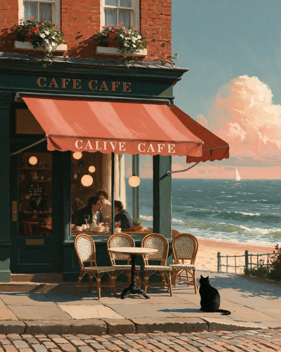 enhanced and exaggerated colors, cat in front of a cafe brick street, romantic seascape background, folk art , mauve and seafoam green