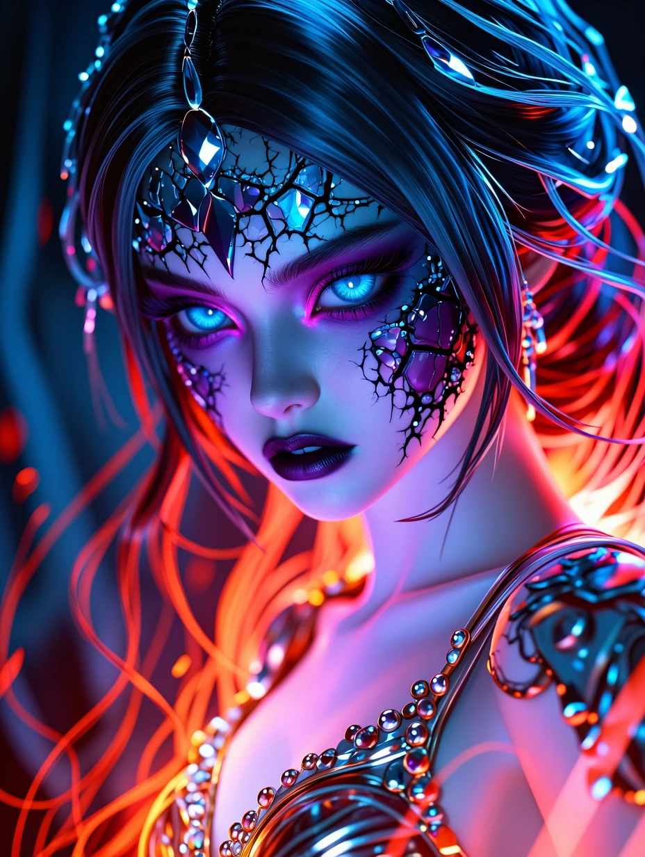 " [Main-Subject-Style] = 'ultra-realistic, 3D, UHD, 8K image' [Main-Subject] = 'interactive 3D-Model of a beautiful fire, ice and crystal princess of darkness. Her eyes and skin glow with demonic ultraviolet energy, brilliantly luminous. All visual e