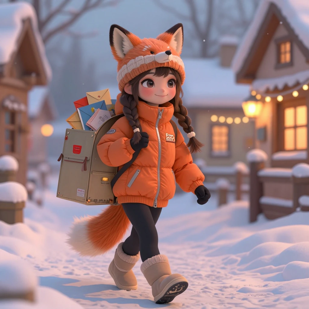 A gorgeous brunette with long pigtail braids, wearing a cute fox beanie with fluffy fox ears and a little fox tail detail, delivering mail in a snowy 