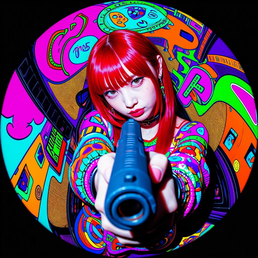 A hyperrealistic Japanese pop art portrait of a Japanese woman (holding her gun pointed at the screen) with long, straight red hair looking directly i
