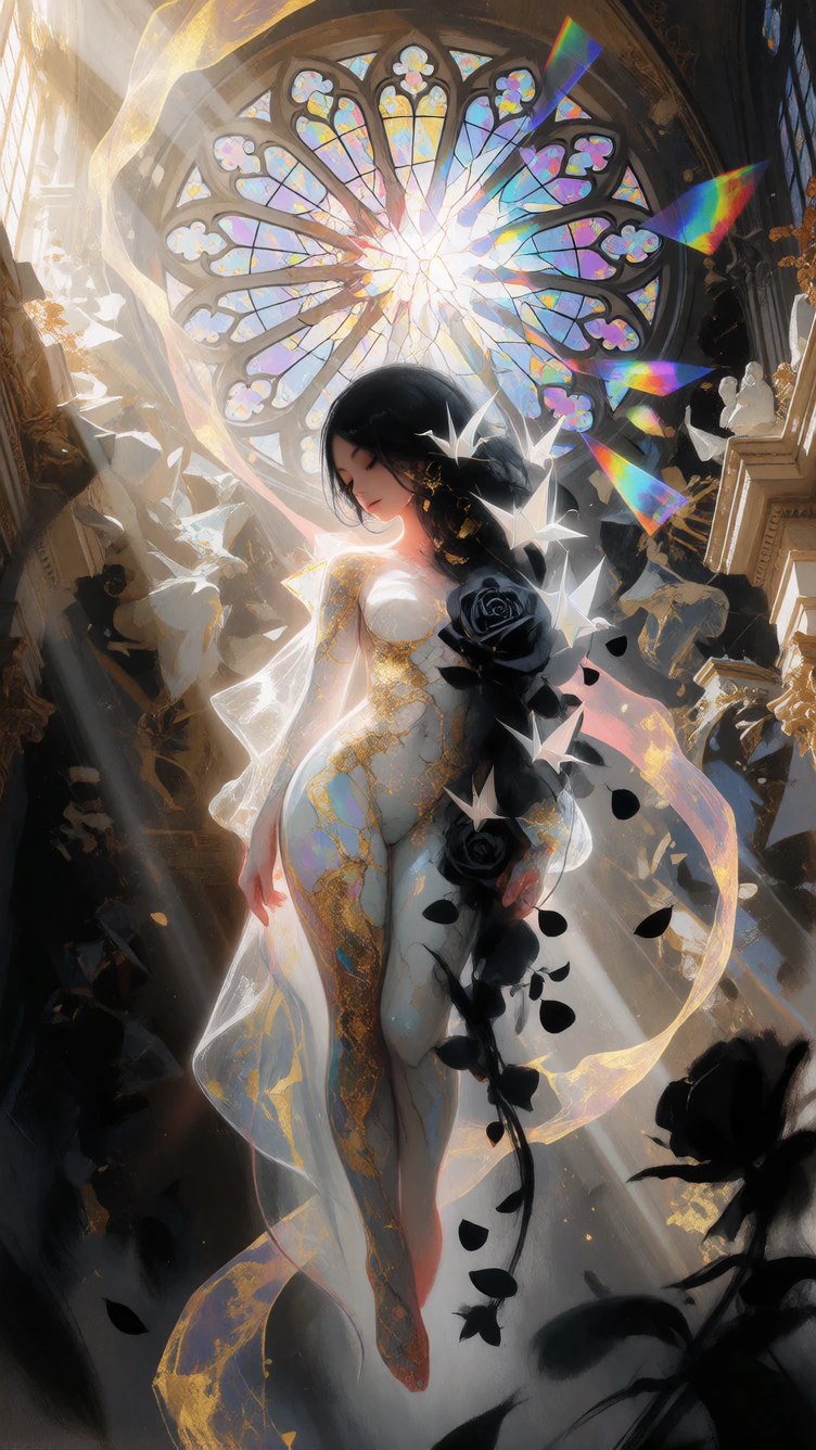 An ethereal female figure suspended in mid-air within a vast, collapsing cathedral of light and shadow, her translucent porcelain skin fractured like living marble and veined with liquid gold and iridescent mercury. Cascading black hair dissolves int