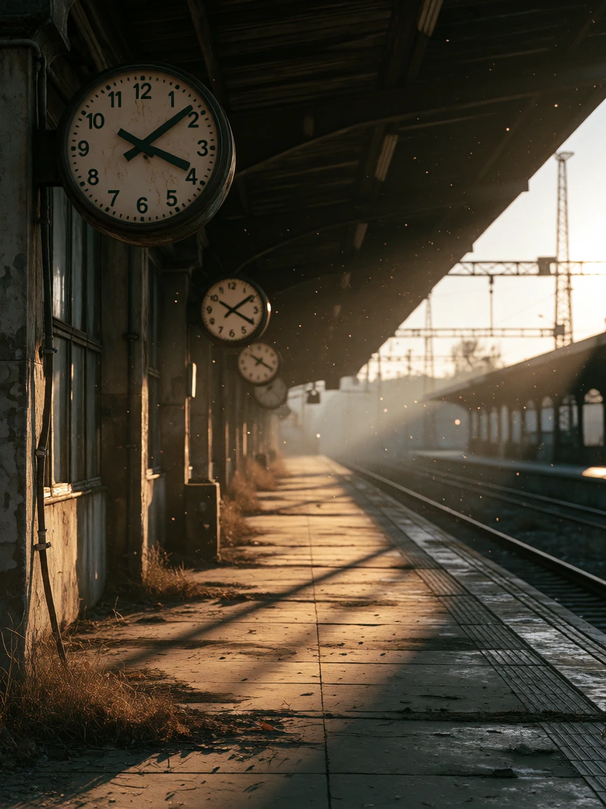 An abandoned train station at dusk, every clock on its walls and pillars frozen at different times, their hands casting long shadows across empty platforms. Dust particles float through shafts of golden-hour light. A single clock face in the foregrou